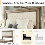 LUXOAK Solid Pine Wood King Bed Frame with 69" High Upholstered Headboard, Transitional Style Platform Bed, No Box Spring Needed & Easy Assembly, Button-Tufted Chenille Fabric, Antique Taupe