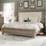 LUXOAK Solid Pine Wood King Bed Frame with 69" High Upholstered Headboard, Transitional Style Platform Bed, No Box Spring Needed & Easy Assembly, Button-Tufted Chenille Fabric, Antique Taupe