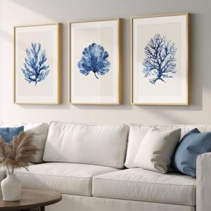 Framed Coastal Coral Wall Art for Living Room, Large Navy Blue Watercolor Coral Artwork for Walls, 3 Piece Minimalist Ocean Beach Marine Plants Pictures Prints for Bedroom Hallway Wall Decor, 16x24 In