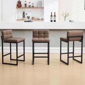 FIRAVOE Bar Stools Set of 3, Upholstered PU Leather Counter Height Barstools with Low Back and Thickened Metal Legs, Modern Chairs for Kitchen Island, Bar, Counter (Coffee Brown, 3Pcs 26" Bar Stools)