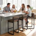 FIRAVOE Bar Stools Set of 3, Upholstered PU Leather Counter Height Barstools with Low Back and Thickened Metal Legs, Modern Chairs for Kitchen Island, Bar, Counter (Coffee Brown, 3Pcs 26" Bar Stools)