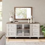 WAMPAT Sideboard Buffet Cabinets with Glass Door, Kitchen Storage Cabinets, Wood Coffee Bar Tables, Accent Sideboard Storage Cabinet for Dining Room, Living Room, Rustic White