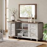WAMPAT Sideboard Buffet Cabinets with Glass Door, Kitchen Storage Cabinets, Wood Coffee Bar Tables, Accent Sideboard Storage Cabinet for Dining Room, Living Room, Rustic White