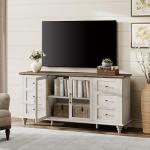 WAMPAT Sideboard Buffet Cabinets with Glass Door, Kitchen Storage Cabinets, Wood Coffee Bar Tables, Accent Sideboard Storage Cabinet for Dining Room, Living Room, Rustic White