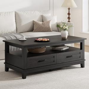 GarveeHome Farmhouse Coffee Table with Drawers, 47.2 in Center Table Rustic Coffee Tables Black Living Room Table, with Open Shelf and 6 Support Legs