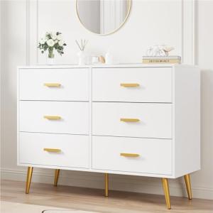 GarveeHome White Modern 6 Drawer Dresser with Gold Handles, Wooden Chest Dresser with Deep Drawers, Ample Storage Space, for Bedroom, Living Room and Entryway