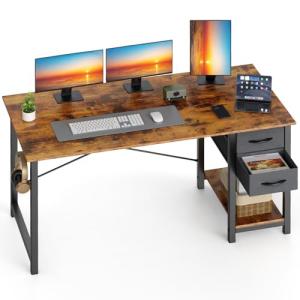 Sweetcrispy 48 Inch Computer Desk with Drawers for Home Office, Writing Desk with X-Shaped Reinforcement, Wood Table with Adjustable Position Drawers, Modern Study Work Table with Side Hook, Rust