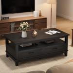 GarveeHome Farmhouse Coffee Table with Drawers, 47.2 in Center Table Rustic Coffee Tables Black Living Room Table, with Open Shelf and 6 Support Legs