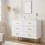 GarveeHome White Modern 6 Drawer Dresser with Gold Handles, Wooden Chest Dresser with Deep Drawers, Ample Storage Space, for Bedroom, Living Room and Entryway