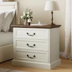 Huuger Nightstand with Charging Station, 3 Drawer Night Stand, 22 Inch Wider Side Table with Storage, Farmhouse Nightstand with Vintage Handles, Thicken Base, for Bedroom, Distressed White