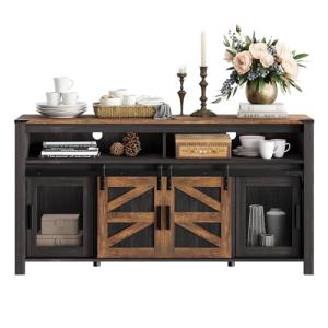 WAMPAT Farmhouse Buffet Cabinet, Rustic Sideboard with Sliding Barn Doors, 59" Coffee Bar Storage Cabinet with Mesh Doors, Antique Black & Brown Cupboard Table for Kitchen, Dining Room, Living Room