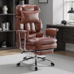Sweetcrispy Executive Home Office Desk Chair - Ergonomic Big Tall High Back with Footrest & Lumbar Support, Reclining Height Adjustable, Comfy PU Leather Computer Gaming with Swivel Wheels, Brown