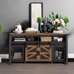 WAMPAT Farmhouse Buffet Cabinet, Rustic Sideboard with Sliding Barn Doors, 59" Coffee Bar Storage Cabinet with Mesh Doors, Antique Black & Brown Cupboard Table for Kitchen, Dining Room, Living Room