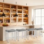 DUMOS Saddle Bar Stools Set of 4, 24 Inch Counter Height Stools with Curved PU Leather Surface, 3.7" Thick Upholstery Bar Height Stools with Footrest for Kitchen Island, Dining, Cafe, Gray