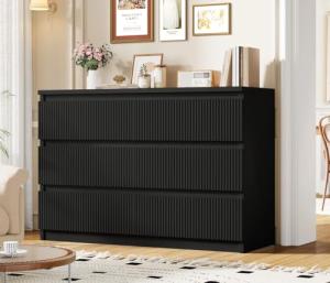 Jocoevol 6 Drawer Dresser Black Modern Fluted Tall Wooden Chest Double Dresser for Bedroom, Living Room, Closet