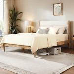 KISLOT Wood Bed Frame with Upholstered Headboard Wooden Platform with Silent Slat Support Mattress Foundation No Box Spring Needed, Easy Assembly