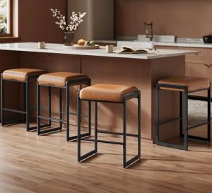 VASAGLE EKHO Collection - Bar Stools Set of 4, Counter Height Bar Stools, Synthetic Leather with Stitching, Mid-Century Modern Counter Stools, 26-Inch Tall, Kichen Home Bar Dining Room, Caramel Brown