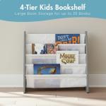 Humble Crew 4-Tier Kids Bookshelf, Grey Wood/White - Premium Book Shelf for Kids Rooms with Four Deep Pockets - Toddler Sling Book Rack with Deep Sleeves, Nursery Bookcase Organizer