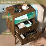 JOONEE Nightstand with Charging Station and LED Lights,Modern Bedside Table with 2 Storage Drawer and Open Wood Shelf, for Bedroom and Small Spaces,Night Stand with Solid Wood Legs,Walnut Brown