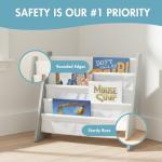 Humble Crew 4-Tier Kids Bookshelf, Grey Wood/White - Premium Book Shelf for Kids Rooms with Four Deep Pockets - Toddler Sling Book Rack with Deep Sleeves, Nursery Bookcase Organizer