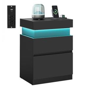 VASAGLE Kailyn Collection - Nightstand with Power Outlets, Sliding Lid, Modern Bedside Table with LED Lights, End Table, 2 Drawers, 15.7 x 18.9 x 26.8 Inches, Ink Black ULET650BC01S