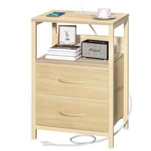 Yoobure Nightstand with Charging Station, Small Night Stand with Fabric Drawers and Storage Shelf for Bedrooms, Nightstands for Small Spaces, Bedside Table with USB Ports & Outlets, Bed Side Table