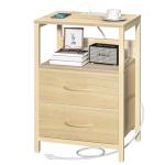 Yoobure Nightstand with Charging Station, Small Night Stand with Fabric Drawers and Storage Shelf for Bedrooms, Nightstands for Small Spaces, Bedside Table with USB Ports & Outlets, Bed Side Table