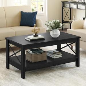 YITAHOME Coffee Table for Living Room, Modern Farmhouse Coffee Table with Storage, 2-Tier Center Table Wood Living Room Table Accent Cocktail with Sturdy Frame, Black