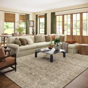 Machine Washable Rugs for Living Room: 9x12 Area Rugs for Bedroom Vintage Stain Resistant Non Slip Low Pile Lightweight Boho Carpet for Kitchen Dining Room Farmhouse Kids Room Nursery