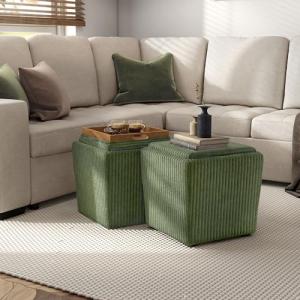 Furniture of America Lennox Modern Chenille 17-inch Square Storage Ottoman with Reversible Tray Top, Upholstered Footstool for Living Room, Bedroom, Entryway, Green