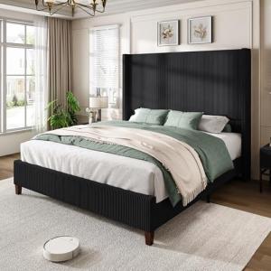 AMERLIFE King Size 62" Corduroy Upholstered Bed Frame, Luxurious Platform Bed with Extra Tall Wingback Headboard and Vertical Stripe, No Box Spring Needed/Solid Wood Slats & Legs/Black