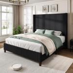 AMERLIFE King Size 62" Corduroy Upholstered Bed Frame, Luxurious Platform Bed with Extra Tall Wingback Headboard and Vertical Stripe, No Box Spring Needed/Solid Wood Slats & Legs/Black