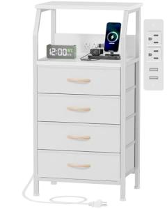 Furnulem Night Stand with Charging Station, Dresser with PVC & Fabric Drawers, 33.3 Inch Side Table with Open Shelf, Tall Bedside Table for Closet, Entryway, Bedroom Furniture, 3 Ways to Use, White