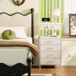 Furnulem Night Stand with Charging Station, Dresser with PVC & Fabric Drawers, 33.3 Inch Side Table with Open Shelf, Tall Bedside Table for Closet, Entryway, Bedroom Furniture, 3 Ways to Use, White