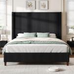 AMERLIFE King Size 62" Corduroy Upholstered Bed Frame, Luxurious Platform Bed with Extra Tall Wingback Headboard and Vertical Stripe, No Box Spring Needed/Solid Wood Slats & Legs/Black