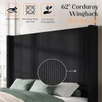 AMERLIFE King Size 62" Corduroy Upholstered Bed Frame, Luxurious Platform Bed with Extra Tall Wingback Headboard and Vertical Stripe, No Box Spring Needed/Solid Wood Slats & Legs/Black