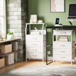 Furnulem Night Stand with Charging Station, Dresser with PVC & Fabric Drawers, 33.3 Inch Side Table with Open Shelf, Tall Bedside Table for Closet, Entryway, Bedroom Furniture, 3 Ways to Use, White