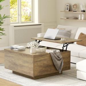 FABATO Lift Top Coffee Table, Wood Square Coffee Table with Storage, Farmhouse Coffee Tables with Hidden Storage Compartment, Center Table with Lifting Tabletop for Living Room, Home Office, Oak