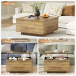 FABATO Lift Top Coffee Table, Wood Square Coffee Table with Storage, Farmhouse Coffee Tables with Hidden Storage Compartment, Center Table with Lifting Tabletop for Living Room, Home Office, Oak