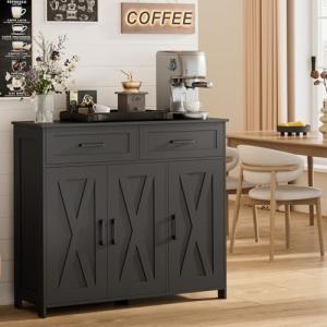 Homhedy Sideboard Buffet Cabinet, Coffee Bar Storage Cabinet with Drawers and Doors, Farmhouse Kitchen Cabinet with Adjustable Shelves, for Kitchen, Dining Room, Living Room, Black