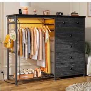 EnHomee 49.2" W Dresser for Bedroom with Hanging Rack 6 Drawers Dresser with LED Lights & Charging Station, Fabric Dressers & Chest of Drawers with 4 Hooks, Wooden Top, Grid Panel, Black
