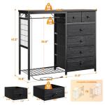 EnHomee 49.2" W Dresser for Bedroom with Hanging Rack 6 Drawers Dresser with LED Lights & Charging Station, Fabric Dressers & Chest of Drawers with 4 Hooks, Wooden Top, Grid Panel, Black