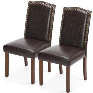 DUMOS Upholstered Dining Chairs，Set of 2 PU Leather Dining Room Kitchen Chair with Nailhead Trim and Wood Legs, Modern Side Chairs for Living Room-Brown