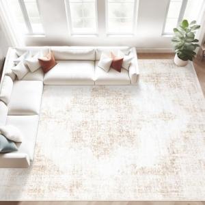 Area Rugs 8x10 Vintage Rug: Large Washable Living Room Rug Retro Medallion Distressed Rugs Soft Low Pile Non-Slip Indoor Floor Carpet for Bedroom Kitchen Nursery Dining Table Office (Beige, 8'x10')