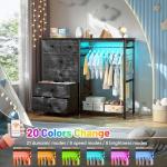 EnHomee 49.2" W Dresser for Bedroom with Hanging Rack 6 Drawers Dresser with LED Lights & Charging Station, Fabric Dressers & Chest of Drawers with 4 Hooks, Wooden Top, Grid Panel, Black