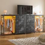 EnHomee 49.2" W Dresser for Bedroom with Hanging Rack 6 Drawers Dresser with LED Lights & Charging Station, Fabric Dressers & Chest of Drawers with 4 Hooks, Wooden Top, Grid Panel, Black
