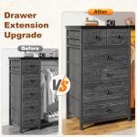 EnHomee 49.2" W Dresser for Bedroom with Hanging Rack 6 Drawers Dresser with LED Lights & Charging Station, Fabric Dressers & Chest of Drawers with 4 Hooks, Wooden Top, Grid Panel, Black