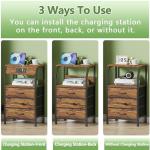 Furnulem Night Stand with Charging Station, USB Ports and Outlets, 28.3 Inch Tall Bedside Table with Wood Shelf, 3 Fabric Drawers Side Table for Bedroom, 3 Ways to Use, Rustic Brown