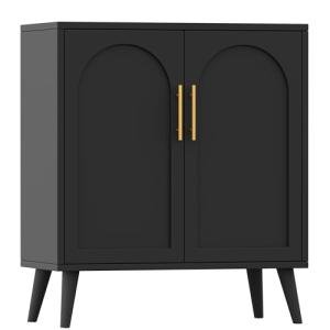 Keehusux 15.7" D Black Buffet Cabinet with Storage, Boho Buffet Sideboard with Adjustable Shelf and Solid Wood Legs, Accent Floor Storage Cabinet for Kitchen, Living Room, Natural