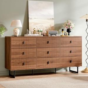 Chrangmay Modern Chest of Drawers with 9 Drawers,Deep Drawers,Clothes Organizer,Large Storage Cabinet for Living Room, Bedroom,Hallway,with Anti-Tipping Device, Walnut.